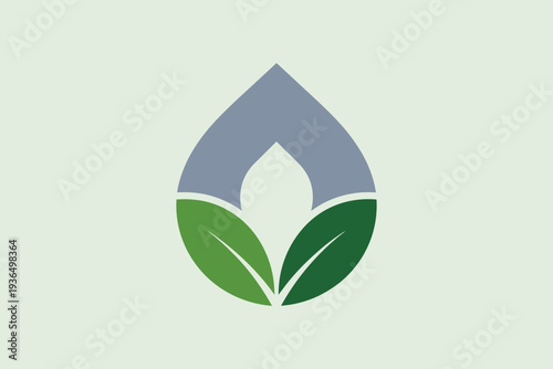 A minimalist vector graphic of a stylized leaf logo with a teardrop shape and green leaves on a light green background