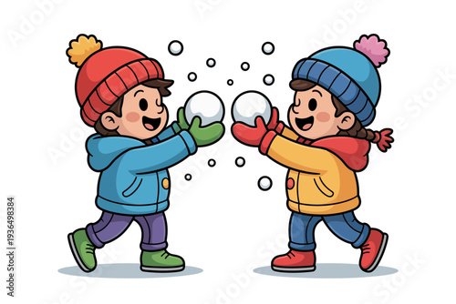 Two happy children playing with snowballs in winter clothes