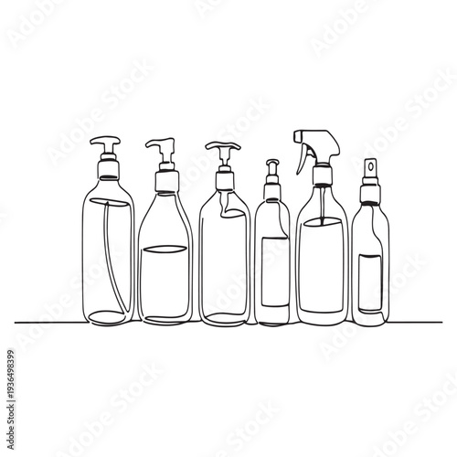 Line Drawing Set Of Different Cleaning Spray Bottles Illustration