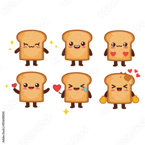 Six cute animated toast characters expressing different emotions and holding small items
