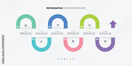 Modern infographics 6 options banner with arrows on grey background. Simple infographics design template Can be used for web design and workflow layout