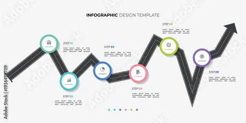 Modern infographics 6 options banner with arrows on grey background. Simple infographics design template Can be used for web design and workflow layout