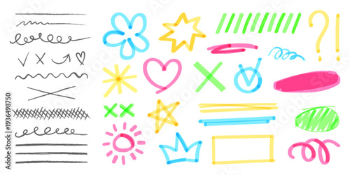 Hand drawn marker highlights and underlines, colorful pen doodle strokes, vector set isolated on white. Check box on whiteboard, question and exclamation marks for emphasis, marker texture elements