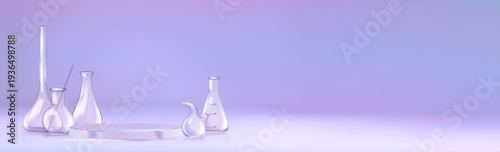 Laboratory glassware set and round podium realistic vector background. Lab bottles and measuring flasks near display platform, scientific research presentation and chemical experiments show