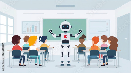 Vector illustration of  human robot teach in class room