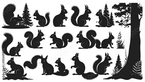Squirrel silhouette collection, woodland animal clipart, wildlife vector design, forest creature illustration, nature drawing artwork, cad drawing flat vector illustration