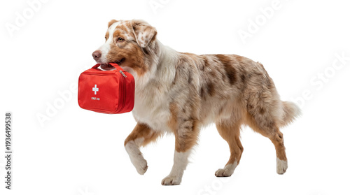 Australian Shepherd dog carrying a red first aid kit in its mouth on a transparent background