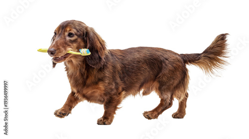 A delightful photograph of a long-haired brown dachshund dog playfully walking with a yellow toothbrush in its mouth.