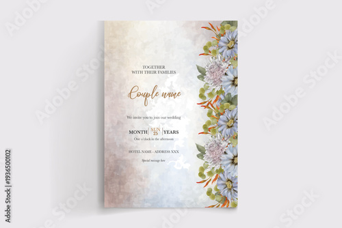 WEDDING INVITATION FRAME WITH FLOWER DECORATIONS AND FRESH LEAVES