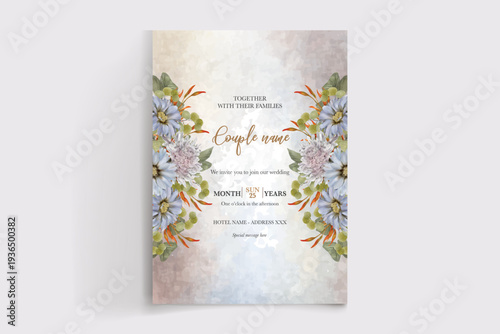 WEDDING INVITATION FRAME WITH FLOWER DECORATIONS AND FRESH LEAVES