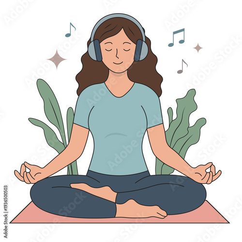 Woman Meditating Listening To Music