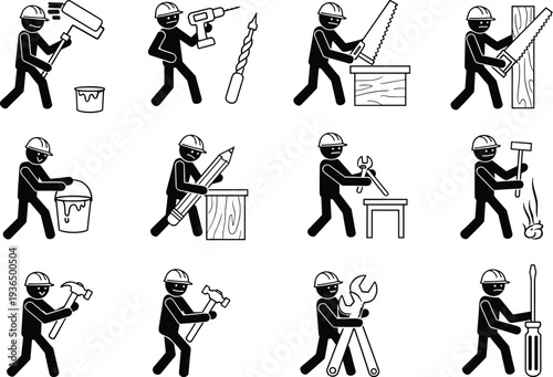 Construction worker tools icons set, builder repair handyman equipment vector illustration collection