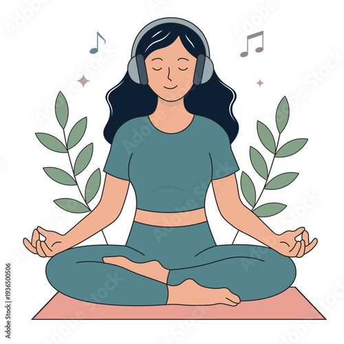Woman meditating with headphones illustration