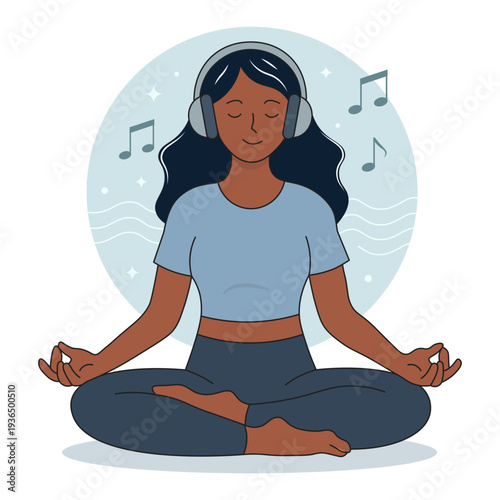 Woman Meditating With Headphones Illustration