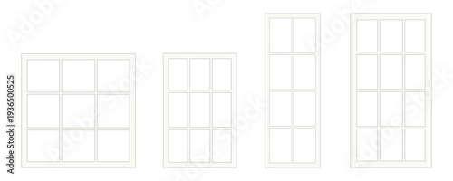 Off white realistic wooden window and door frame with glass pane, moulding baseboard and muntin on transparent background for decorative house interior exterior trim work design PNG