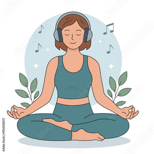 Woman Meditating Listening To Music