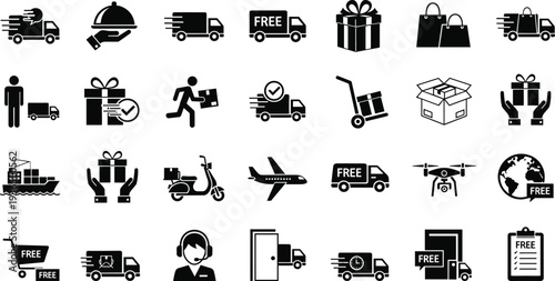 Delivery and shipping icons set, logistics courier package transport truck online order service vector illustration collection
