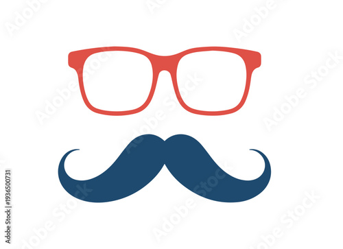 A stylized pair of red frame glasses rests above a distinctive blue curly mustache on a white backdrop