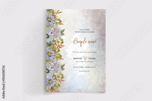 WEDDING INVITATION FRAME WITH FLOWER DECORATIONS AND FRESH LEAVES