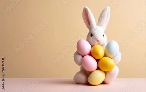 Cute Pastel Bunny Holding Colorful Easter Eggs in Soft Pink Background