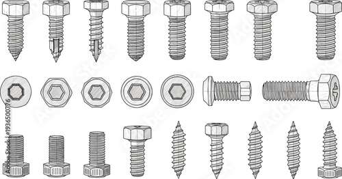 Screw bolt hardware sketch set, metal fasteners nuts engineering construction tool vector hand drawn illustration collection