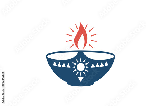 An ornate blue diya lamp with a bright red flame and traditional patterns on a white background