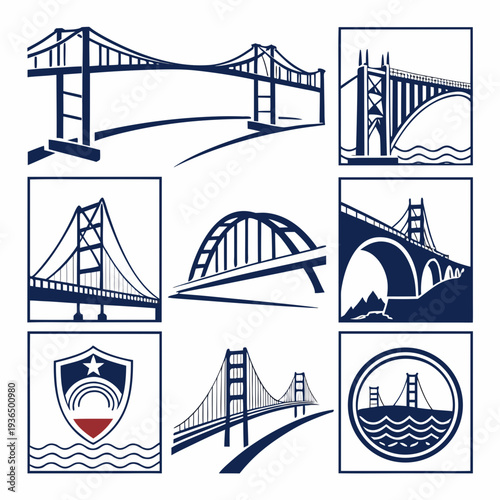 Dark blue vector icons of various bridges.

