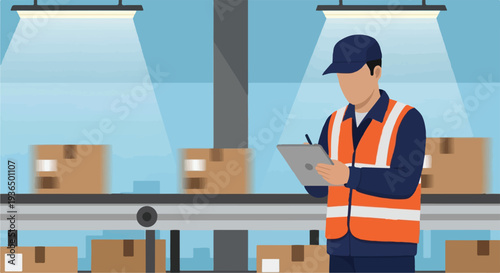 Warehouse worker monitoring boxes on a conveyor belt with a tablet, ensuring efficient logistics and quality control in a modern distribution center