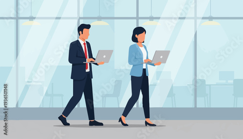 Dynamic business professionals navigate a contemporary office, multitasking with laptops while walking, symbolizing efficiency and connectivity in a modern corporate setting