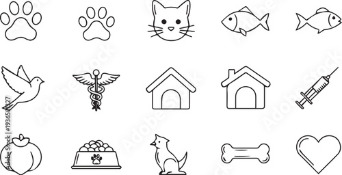 Set of pet care and veterinary line icons featuring cat, bird, fish, paw prints, pet house, and medical symbols for animal clinic design.