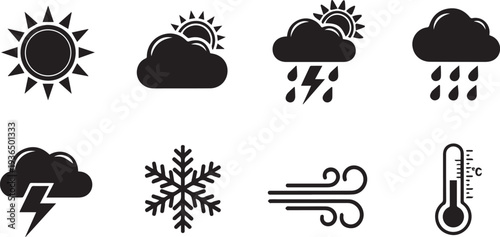 Set of weather forecast icons featuring sun, clouds, rain, thunder, snowflake, wind, and thermometer for meteorology and app design.