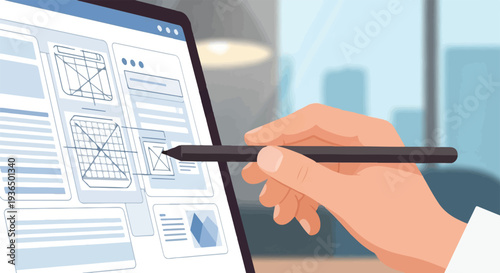 Hand with a stylus designing user interface wireframes on a laptop screen, illustrating the essential steps of digital product and web app development