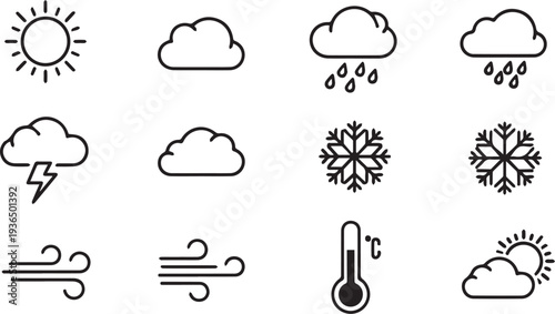 Set of weather forecast icons featuring sun, clouds, rain, thunder, snowflake, wind, and thermometer for meteorology and app design.