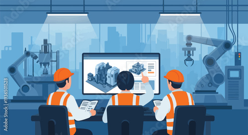 Engineers Collaborate on Industrial Automation and Smart Factory Design, Utilizing Advanced Technology for Manufacturing Optimization in a Modern Control Room Setting