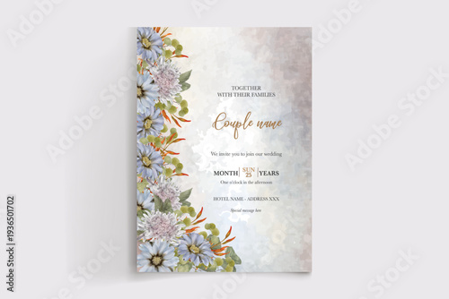 WEDDING INVITATION FRAME WITH FLOWER DECORATIONS AND FRESH LEAVES