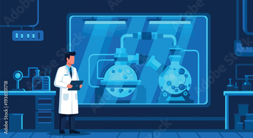 Scientists studying chemical reactions in a futuristic laboratory setting with advanced scientific equipment and glowing substances in flasks