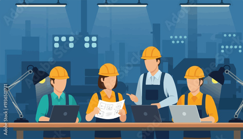 Team of construction workers in hard hats collaborating on a blueprint at a table in a factory setting, with laptops and lamps