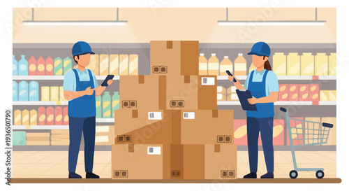 Warehouse workers checking inventory and stock with scanners in a retail store aisle with shelves and a shopping cart