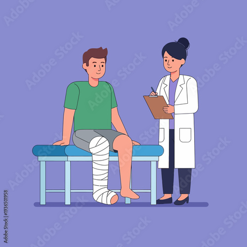 Doctor Consults Patient with Bandaged Leg on Examination Table