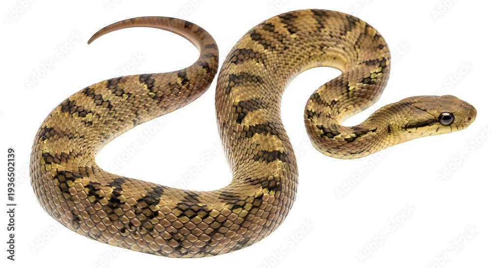 Fototapeta premium Brown snake with distinctive patterns curled up on a white background