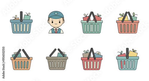 Collection of colorful shopping basket icons with groceries and a delivery person cartoon, perfect for e-commerce and retail design projects