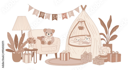 Cozy baby shower decoration with teddy bears, gifts, plants, and a teepee tent in soft pastel tones, perfect for newborn celebration and party invitations