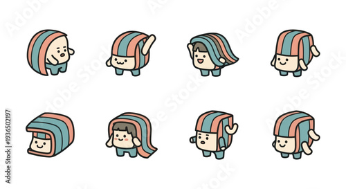 Cute cartoon character with striped shell in various playful poses, perfect for children?s books, games, and animation projects