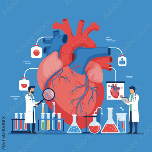 Cardiology Research: Scientists Study Heart Anatomy with Magnifying Glass and Digital Tablet