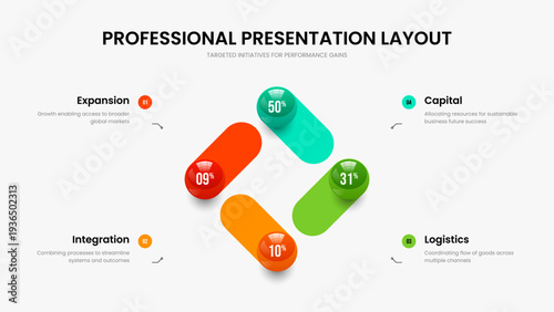 Educational Innovation Frame Design Vector Illustration. Modern Insight Four Option Diagram Presentation Layout. Market Plan 4 Step Graph Slideshow Template.
