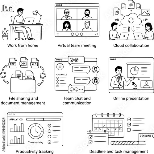 Remote work and digital collaboration minimal business outline illustration set