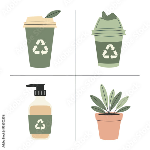 Eco friendly reusable cups, lotion bottle with recycling symbol and potted plant illustration for sustainable lifestyle and green living concepts