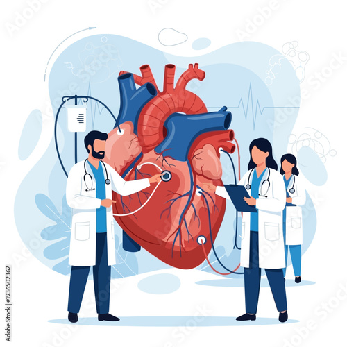 Cardiology Team Examining Human Heart with Medical Equipment