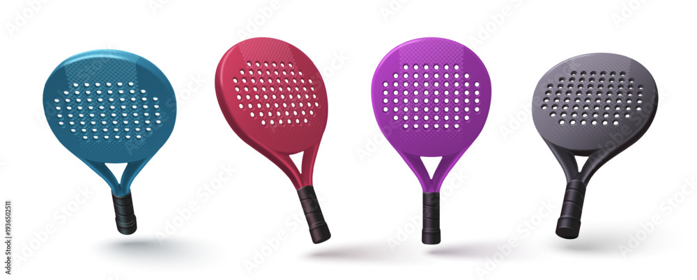 Naklejka premium Padel racket set isolated on white background. Vector design elements, modern sport equipment, red paddle tennis racquet illustration for tournament or championship banners, sports game