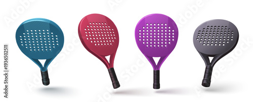 Padel racket set isolated on white background. Vector design elements, modern sport equipment, red paddle tennis racquet illustration for tournament or championship banners, sports game